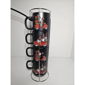 Christmas Gnome Stacking Mugs Set of 4 With Metal Rack Black Peppermint & Pine